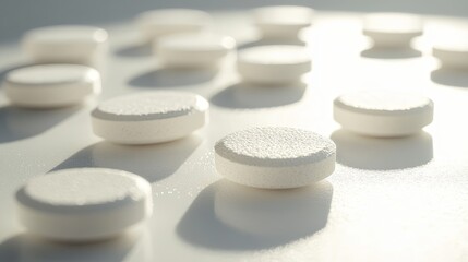 Close-up of a few vitamin and supplement tablets scattered on a smooth white surface with natural light creating soft reflections .