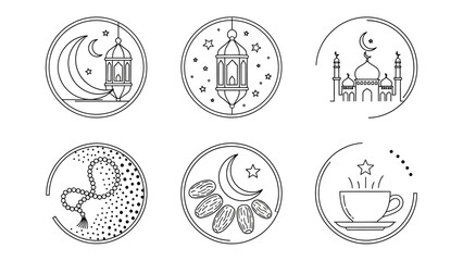 Ramadan Icons: A set of six elegant circular icons, rendered in a minimalist line art style, each depicting symbolic elements associated with the holy month of Ramadan.