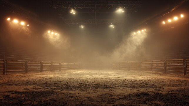 Empty indoor rodeo arena with dirt floor and dramatic spotlights in a smoky atmosphere