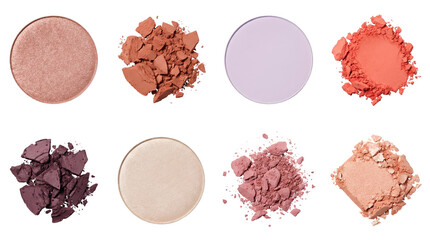 Cosmetic powder set including round eyeshadow palettes and crushed mineral pigment swatches isolated. Beauty makeup and skincare product collection.