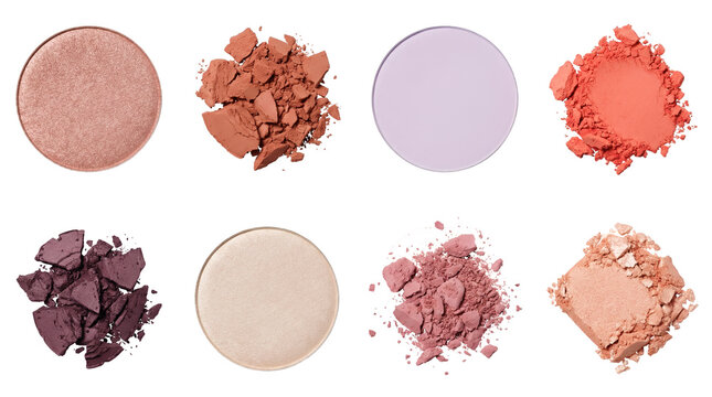 Cosmetic powder set including round eyeshadow palettes and crushed mineral pigment swatches isolated. Beauty makeup and skincare product collection.
