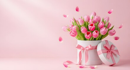 Obraz premium Beautiful pink tulips for mother's day celebration with ribbon and bouquet