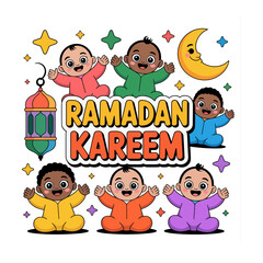 Fototapeta premium Ramadan Kareem: An illustration celebrating the holy month of Ramadan with a heartwarming design of babies, stars, a moon, and lantern. The image radiates joy, cultural warmth.