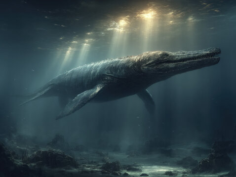 A lifelike illustration of an Ichthyosaurus swimming in prehistoric seas.
