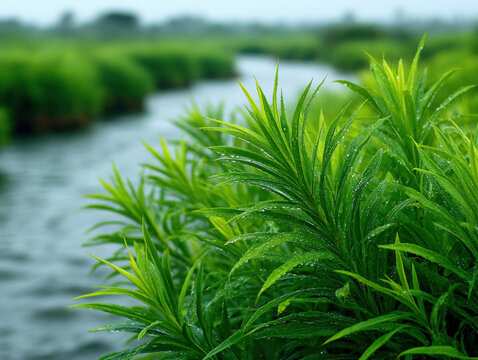 A close-up of green smartweed plants in a wetland.
