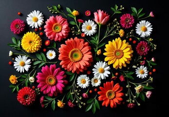 Flatlay of Assorted Flowers on Black Background