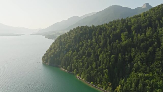 Aerial view landscape Wolfgangsee Austria. Mountain lake in Alpine Europe.