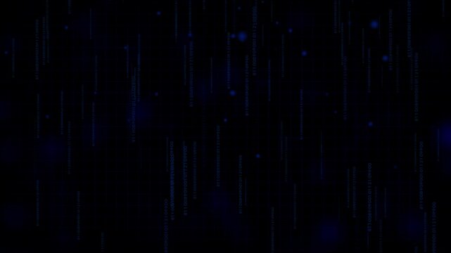 Digital Rain of Binary Code on Dark Background with Glowing Blue Numbers and Grid Pattern Streaming Down