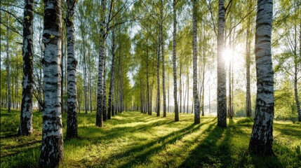 Obraz premium Lush green birch trees in forest with sun rays through foliage. Nature landscape background for spring or summer theme. Fresh outdoor scene.