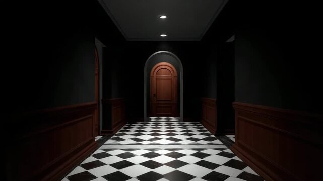 Dimly lit hallway with checkered floor and symmetrical lighting design. Jump Scare Corridor Design, a mysterious and classical ambiance