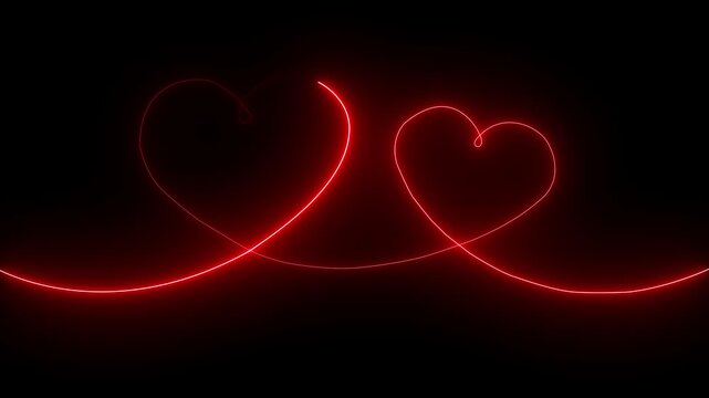 Red color neon glowing Two love hearts concepts. Valentine's Day indicate. Love One line drawing concept. love card neon glowing icon. Bright glowing neon valentines love heart symbol animation.