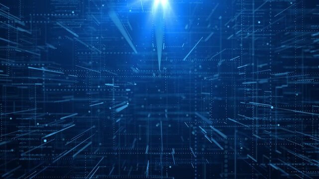 Futuristic digital data stream with glowing lines of abstract binary code on a dark background, cyber security technology and data.
