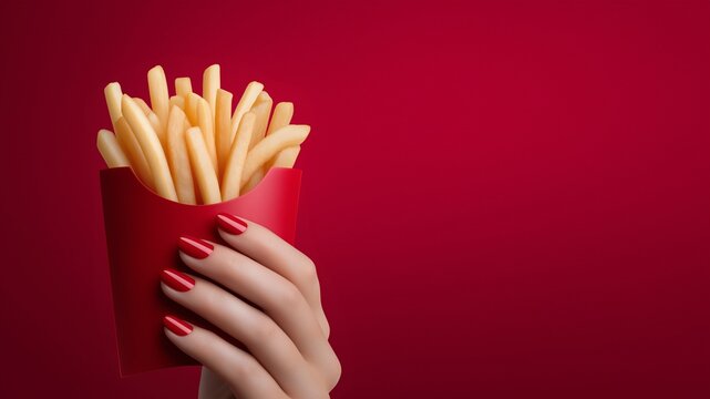 Weibliche Hand mit roter Manik&uuml;re h&auml;lt goldene Pommes Frites vor leuchtend rotem Hintergrund