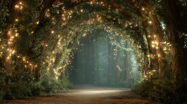Enchanted forest path at night with glowing fairy lights on trees. Magical wonderland for dream, fantasy, wedding invitation.