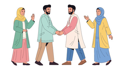 Obraz premium Harmony in Reverence: An illustration depicting two men shaking hands, framed by two women. Their attire, attire hints at a cultural and religious context, symbolizing unity, respect.