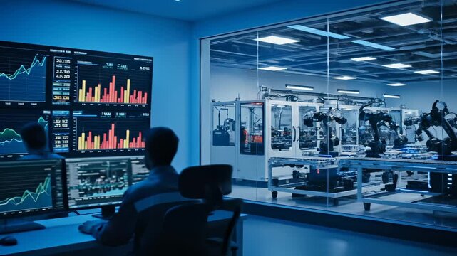 Analyst team monitor multiple screen displays. Team monitor robot workflow inside factory hall. Data display tracks metrics and error rates. Operators review alerts and update control logs. Log.
