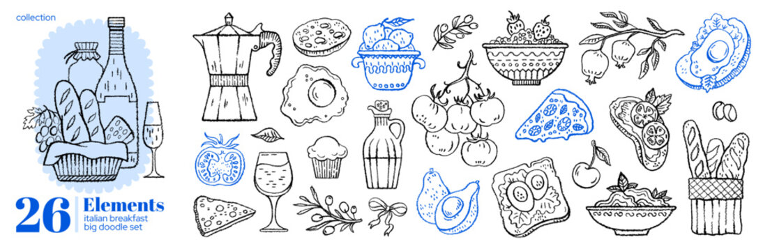 Food and wine brunch illustration. Doodle breakfast icon, coffee, pasta, Italian charcuterie, pizza, French croissant, cheese. Line hand drawn sketch. Vintage cafe, Mediterranean Italian food brunch