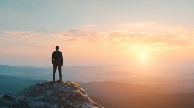 Man in suit standing on mountaintop looking at sunrise. Business success and career growth concept. Leadership and determination.