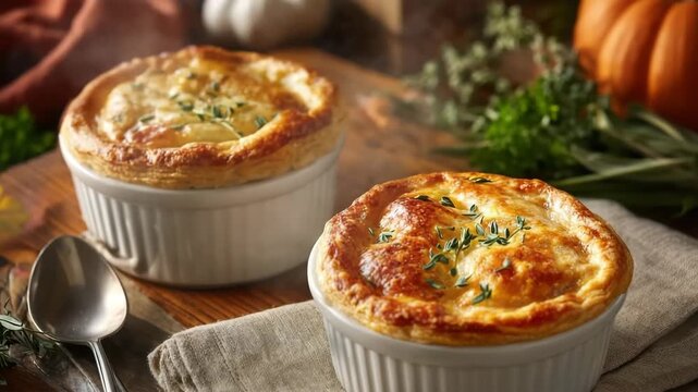 Freshly baked golden pot pies in ramekins on rustic wooden table setting. Individual turkey pot pies in ceramic ramekins with flaky crust, herbs sprinkled, fall-inspired table setup