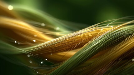 Verwobene glänzende Fasern in Gold und Grün mit seidiger Oberfläche