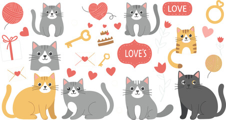 Fototapeta premium Cute Kawaii Cat Love Illustration Set with Adorable Cartoon Kittens, Hearts, Gifts, Wedding Rings, and Romantic Valentine Design Elements