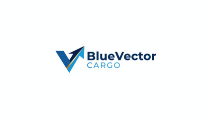 Blue Vector Cargo delivery company logo with abstract V shape and arrow, isolated white background.