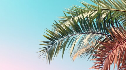 Fototapeta premium Palm leaves against a vibrant blue sky, creating a tropical backdrop for summer vacation and travel promotion.