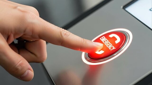 Hand pressing emergency button on metal panel close up