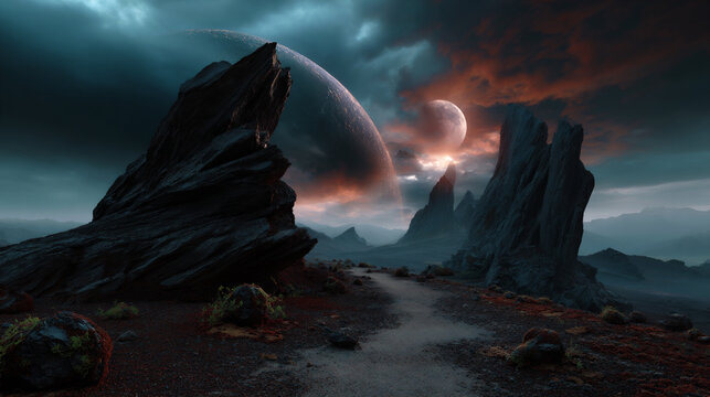 mystical sci fi moonscape under alien stars, ethereal cosmic moon landscape of the future, surreal celestial moonscape in deep space