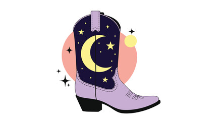 Fototapeta premium Stylish purple cowboy boot featuring a dark blue panel with a crescent moon and stars on a pink circular backdrop.