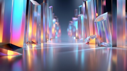 Obraz premium Futuristische Glashalle mit bunten Lichtsäulen und spiegelndem Boden in Perspektive