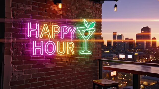 Neon Happy Hour Sign Shining on Rooftop With City Skyline View