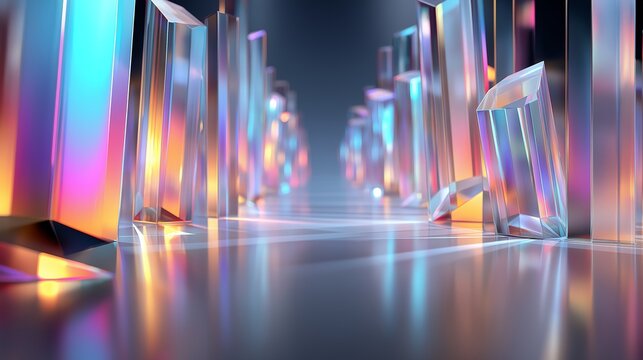 Futuristische Glashalle mit bunten Lichts&auml;ulen und spiegelndem Boden in Perspektive