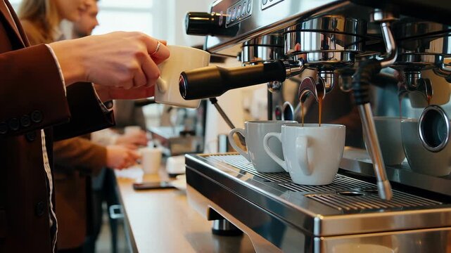 Woman at Coffee Machine with Cups as Man Works in Background