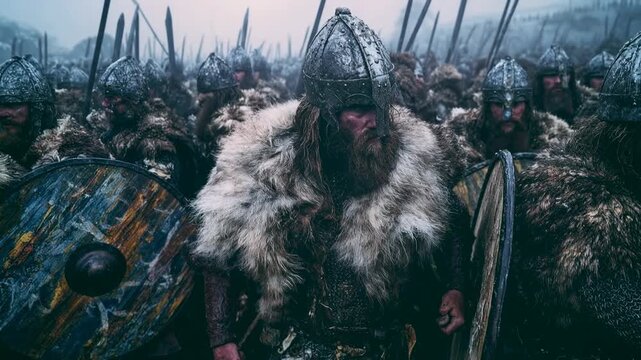 Epic Viking warriors advancing through battlefield smoke with shields and axes, cinematic medieval atmosphere, dramatic close crowd energy and historical combat concept for film trailers and games