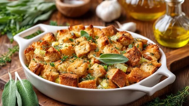 Rustic bread stuffing with herbs in white ceramic baking dish on wooden tablecloth, concept of homemade holiday meal.