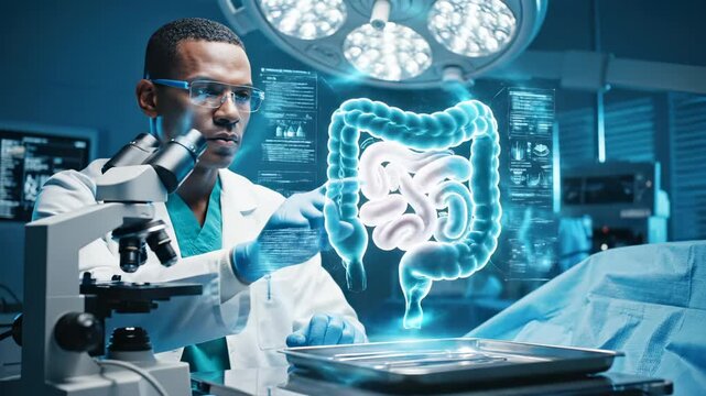 Doctor examines holographic intestine model in operating room near microscope. Surgeon studies digital colon with data panels. Doctor analyzes intestine hologram. Medical colon examination in room.