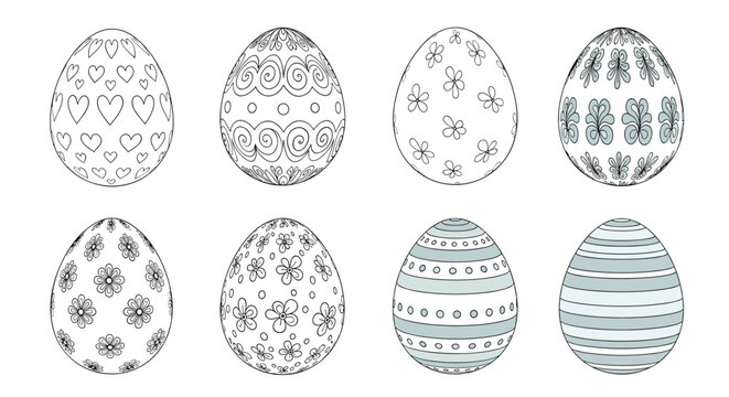 Collection of eight decorative Easter eggs featuring diverse patterns like hearts, flowers, and swirls in black and white line art style.