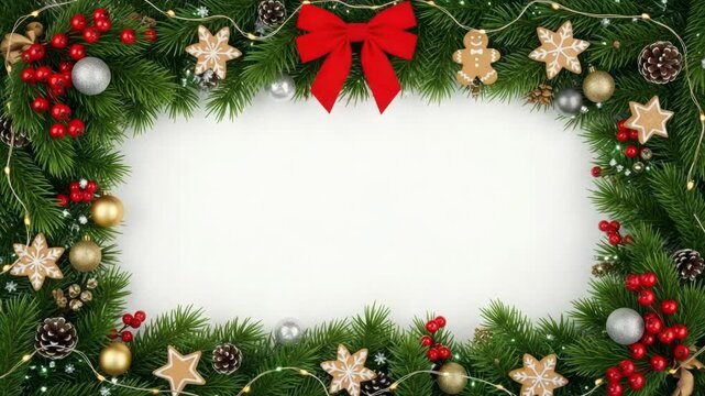 Festive Christmas Frame with Evergreen Branches, Ornaments, Lights, and Gingerbread Cookies