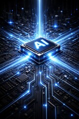 Artificial intelligence chip powering digital innovation glowing blue light on circuit board