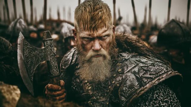 Closeup of rugged warrior gripping axe with intense eyes and dark battlefield mood, cinematic medieval brutality and strength concept suited for game art, posters and dramatic storytelling