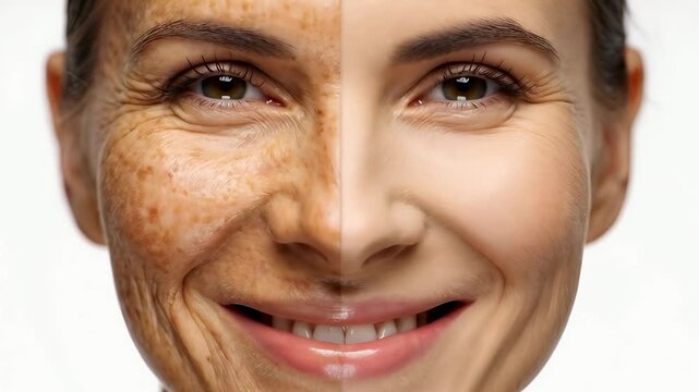 Close up portrait demonstrating skin damage caused by UV sun rays. A visual comparison of heavy pigmentation and age spots versus healthy protected epidermis. Concept of dermatology, 4K video clip.