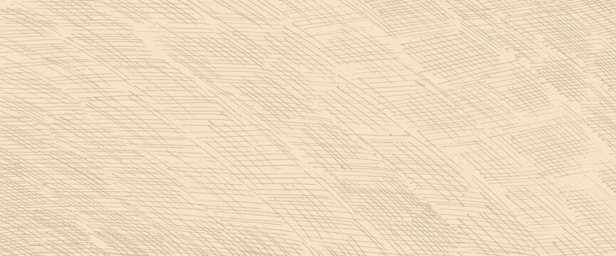 Beige crosshatch hand drawn texture. Doodle pencil diagonal strokes in orcanic geometric pattern. Cross hatching rice paper effect with linear shading. Neutral tone vector vintage textile background.