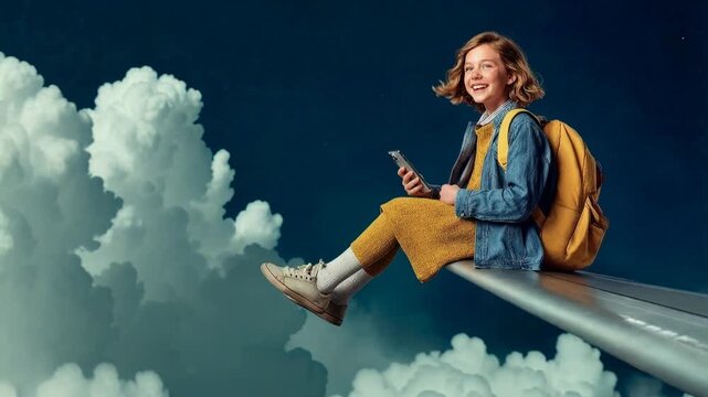 Young traveler with backpack sitting playfully above clouds representing adventure education remote learning optimism creativity and free spirited modern lifestyle