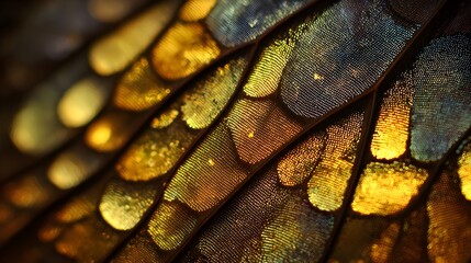 Macro shot of intricate butterfly wing pattern with shimmering golden and brown scales in close up view