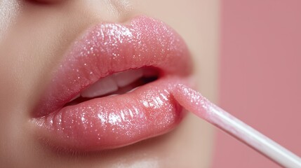 Naklejka premium Luminous lip gloss application highlights a moment of self-care and wellness in beauty