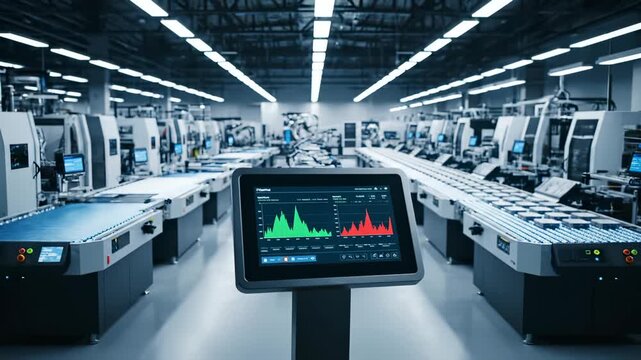 Factory floor displays production analytics. Dashboard shows green and red graph data. Multiple machine rows run under industrial lighting. Automation system monitors production and control metrics.