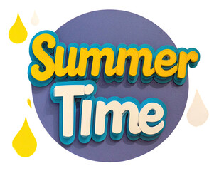Bold, 3D "Summer Time" typography within a blue circle, decorated with yellow and white droplet shapes
