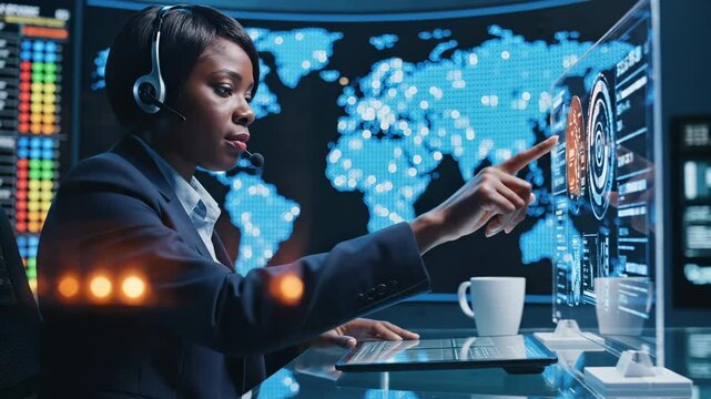 Woman operator touches holographic screen in control center with world map. Call center agent uses touchscreen display. Operator works with tablet near world map. Woman analyzes data in control room.