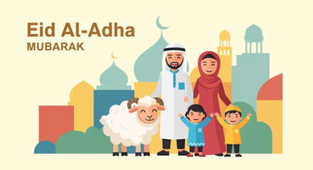Flat Design Cheerful Muslim Family Celebrating Eid Al-Adha Festival Illustration